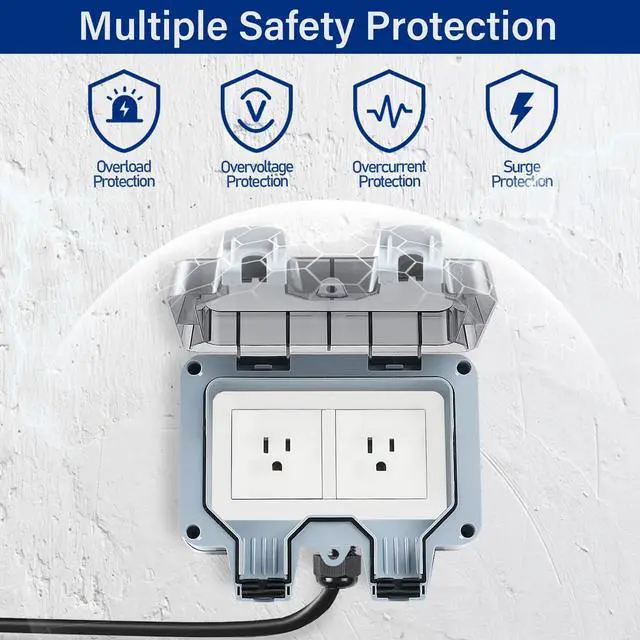 Alt view image 5 of 7 - Outdoor Power Outlet Box with 16.4Ft Extension Cord, NEMA 5-15R, STW 14 AWG, Weatherproof Waterproof IP66 Electrical Outlet Extender, Exterior Wall Power Socket w/Cover for Garden