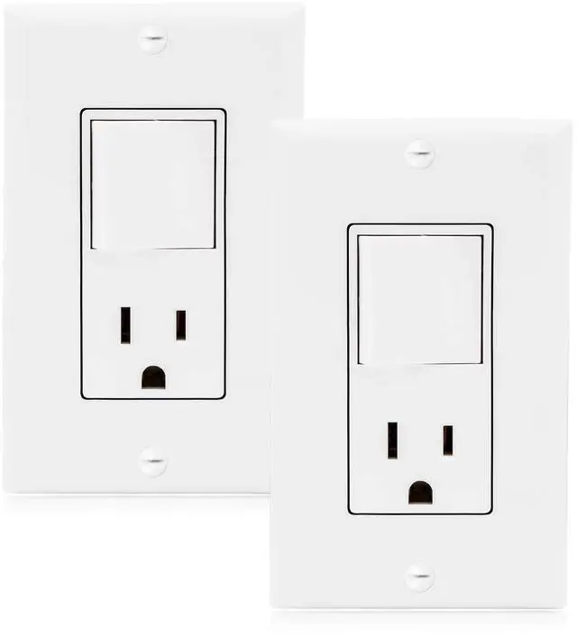 Main image of Combination Rocker Light Switch and Outlet - Single Pole White Decor Combo Style Receptacle, Wall Plates Included, UL Listed, 15A / 120V AC - 2 Pack