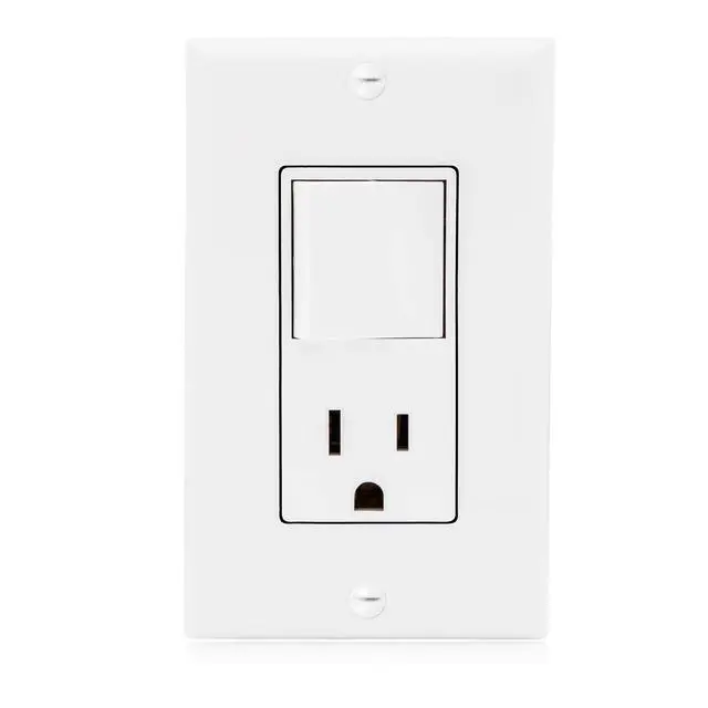 Alt view image 2 of 6 - Combination Rocker Light Switch and Outlet - Single Pole White Decor Combo Style Receptacle, Wall Plates Included, UL Listed, 15A / 120V AC - 2 Pack