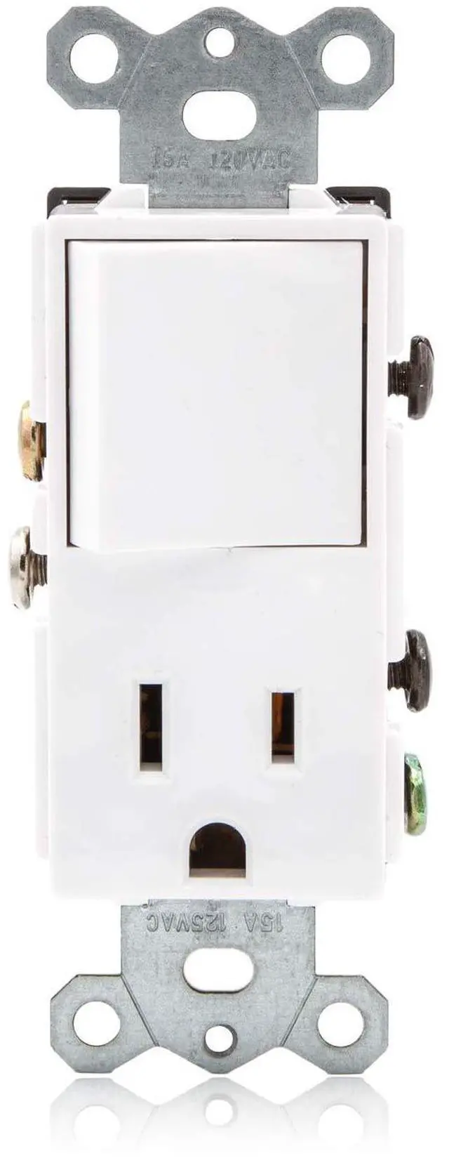 Alt view image 3 of 6 - Combination Rocker Light Switch and Outlet - Single Pole White Decor Combo Style Receptacle, Wall Plates Included, UL Listed, 15A / 120V AC - 2 Pack