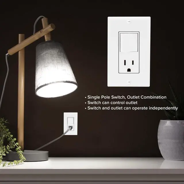 Alt view image 4 of 6 - Combination Rocker Light Switch and Outlet - Single Pole White Decor Combo Style Receptacle, Wall Plates Included, UL Listed, 15A / 120V AC - 2 Pack