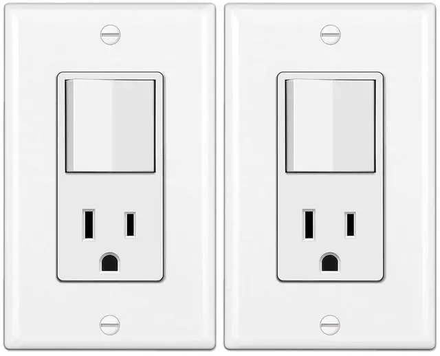 Main image of 2 Pack Combination Wall Light Switch and Decor Outlet, Single Pole Rocker Switch, 15A/120V, Decorative Receptacle, 15A/125V, Combo Style, Wallplate Included, Side Wire, UL Listed, White