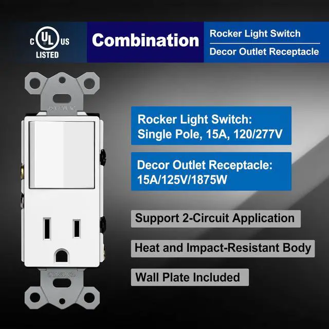 Alt view image 2 of 7 - 2 Pack Combination Wall Light Switch and Decor Outlet, Single Pole Rocker Switch, 15A/120V, Decorative Receptacle, 15A/125V, Combo Style, Wallplate Included, Side Wire, UL Listed, White
