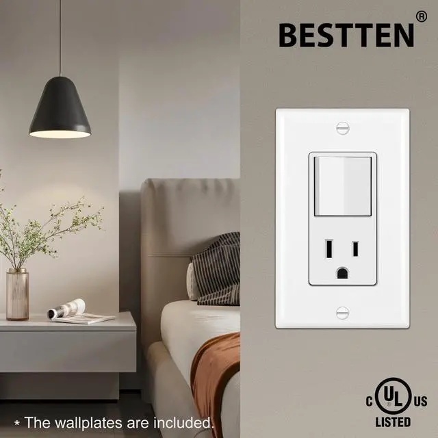 Alt view image 6 of 7 - 2 Pack Combination Wall Light Switch and Decor Outlet, Single Pole Rocker Switch, 15A/120V, Decorative Receptacle, 15A/125V, Combo Style, Wallplate Included, Side Wire, UL Listed, White