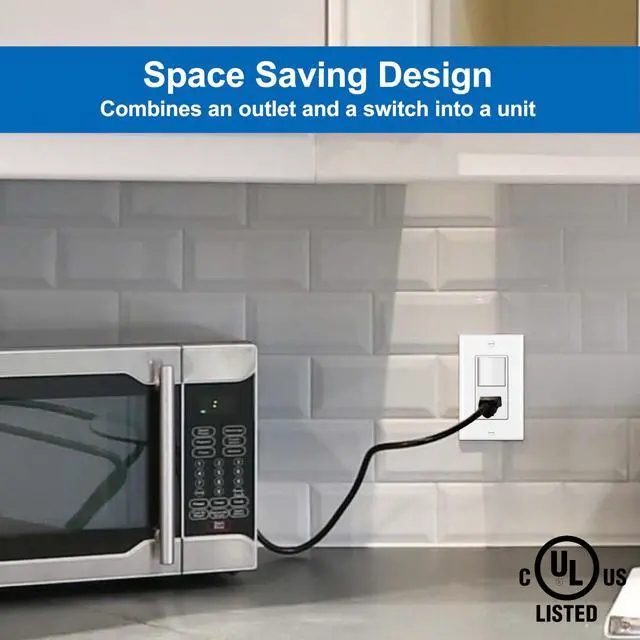 Alt view image 4 of 7 - 2 Pack Combination Wall Light Switch and Decor Outlet, Single Pole Rocker Switch, 15A/120V, Decorative Receptacle, 15A/125V, Combo Style, Wallplate Included, Side Wire, UL Listed, White