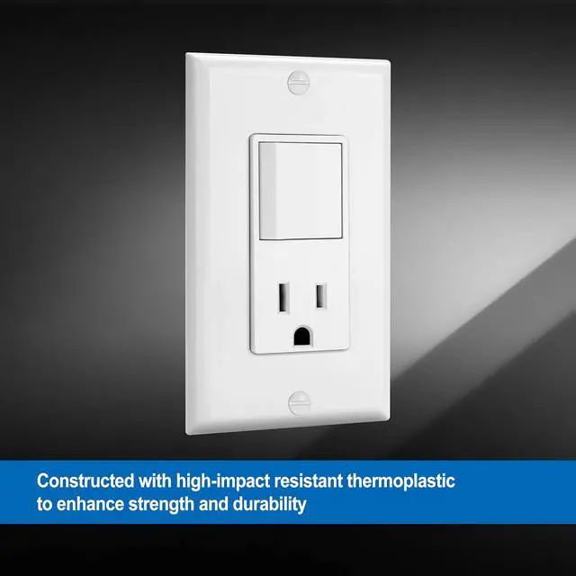 Alt view image 5 of 7 - 2 Pack Combination Wall Light Switch and Decor Outlet, Single Pole Rocker Switch, 15A/120V, Decorative Receptacle, 15A/125V, Combo Style, Wallplate Included, Side Wire, UL Listed, White