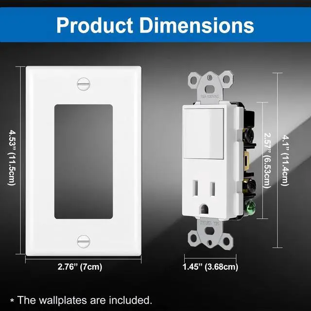 Alt view image 7 of 7 - 2 Pack Combination Wall Light Switch and Decor Outlet, Single Pole Rocker Switch, 15A/120V, Decorative Receptacle, 15A/125V, Combo Style, Wallplate Included, Side Wire, UL Listed, White
