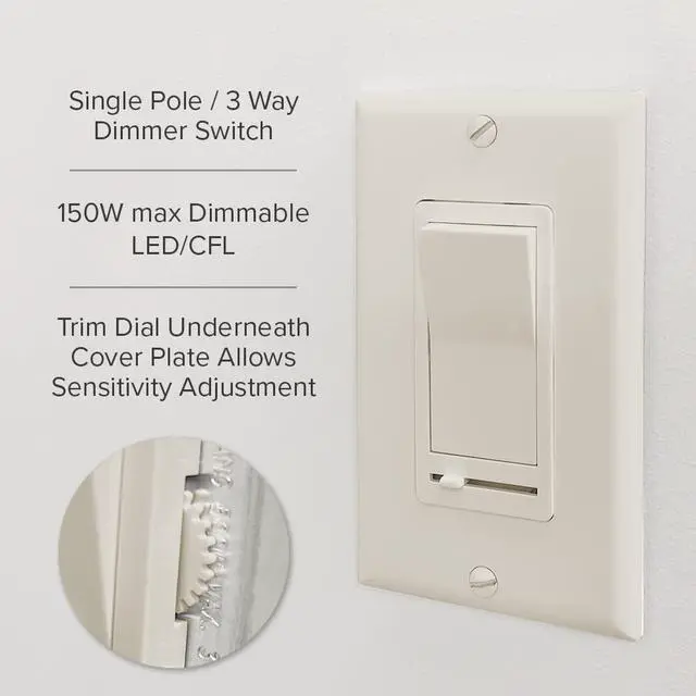 Alt view image 5 of 7 - LED Slide Dimmer Rocker Switch - 3-Way/Single Pole Compatible, Decorative Electrical Light Switch, 600 Watt Max, LED Compatible for Indoor Home Use, Wall Plate Cover Included - Almond
