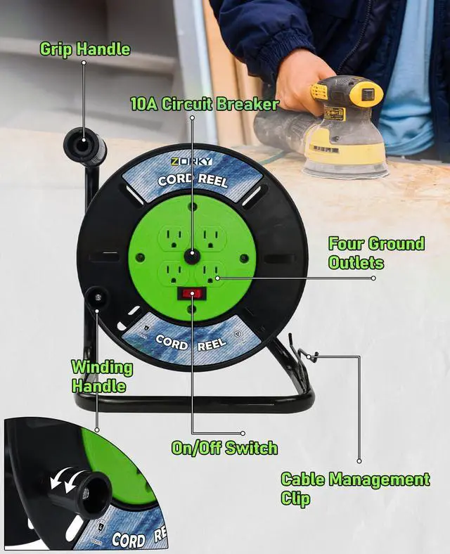 Alt view image 2 of 7 - Extension Cord Storage Reel, Retractable Heavy Duty Open Cord Reel for 12/3,14/3,16/3 Gauge Extension Cord, Portable Empty Hand Wind Power Cord Roller Holder with 4-Grounded Outlets