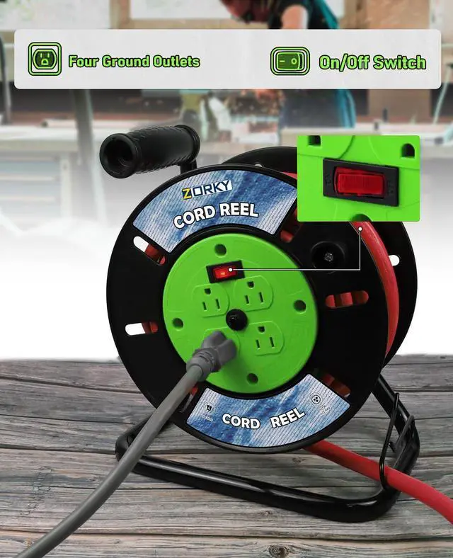 Alt view image 3 of 7 - Extension Cord Storage Reel, Retractable Heavy Duty Open Cord Reel for 12/3,14/3,16/3 Gauge Extension Cord, Portable Empty Hand Wind Power Cord Roller Holder with 4-Grounded Outlets