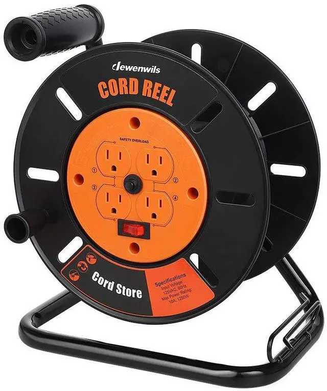 Main image of Extension Cord Storage Reel with 4-Grounded Outlets, Heavy Duty Open Cord Reel for 12/3,14/3,16/3 Gauge Power Cord, Hand Wind Retractable, 10A Circuit Breaker, Rocker Power Switch