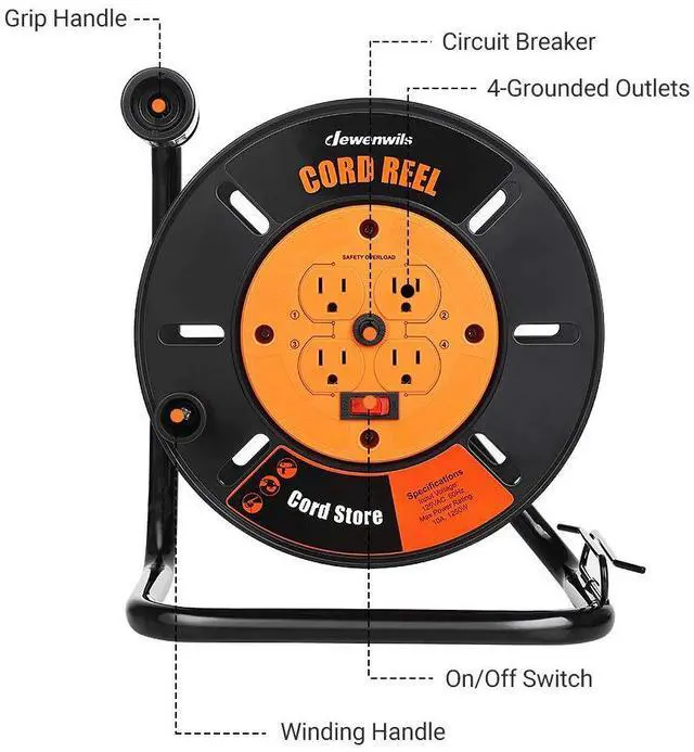 Alt view image 2 of 6 - Extension Cord Storage Reel with 4-Grounded Outlets, Heavy Duty Open Cord Reel for 12/3,14/3,16/3 Gauge Power Cord, Hand Wind Retractable, 10A Circuit Breaker, Rocker Power Switch