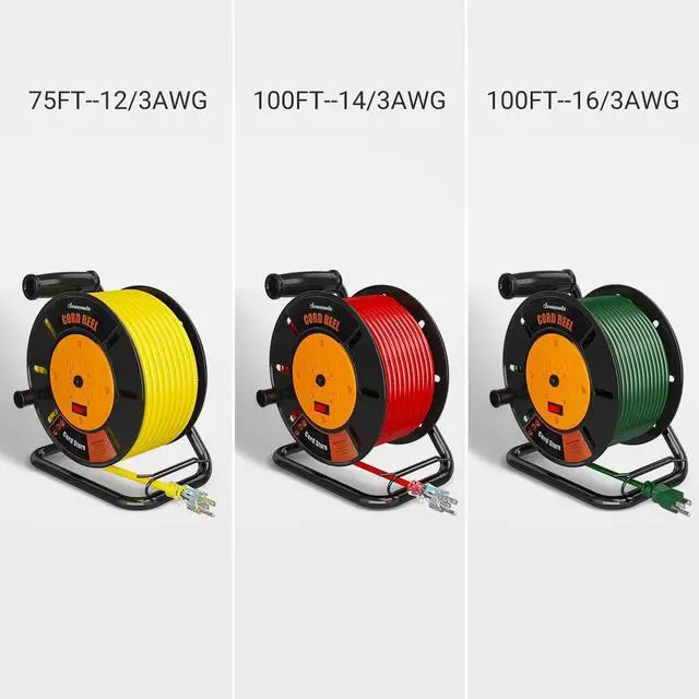 Alt view image 5 of 6 - Extension Cord Storage Reel with 4-Grounded Outlets, Heavy Duty Open Cord Reel for 12/3,14/3,16/3 Gauge Power Cord, Hand Wind Retractable, 10A Circuit Breaker, Rocker Power Switch