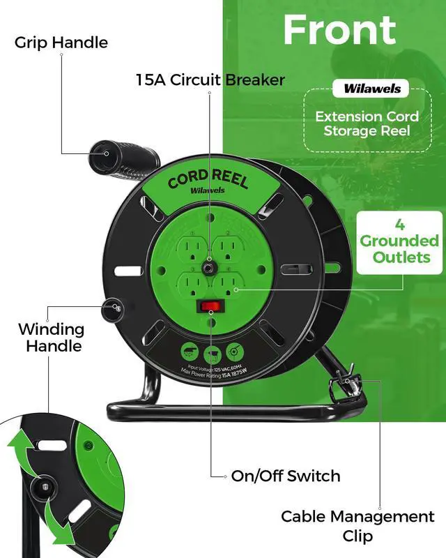Alt view image 2 of 7 - Extension Cord Storage Reel with 4-Grounded Outlets, 15A Circuit Breaker, Heavy Duty Open Cord Reel for 12/3,14/3,16/3 Gauge Power Cord, Hand Wind Retractable, ETL Listed, Green J95CR06