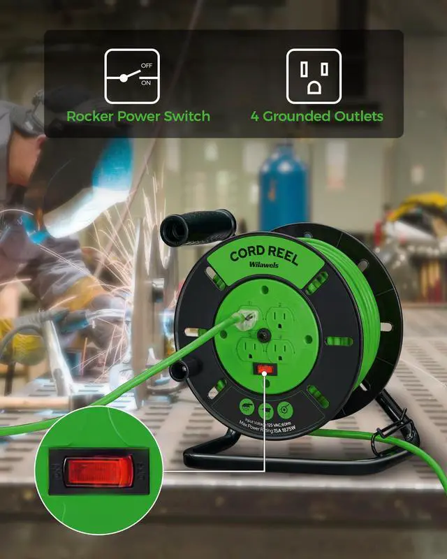 Alt view image 4 of 7 - Extension Cord Storage Reel with 4-Grounded Outlets, 15A Circuit Breaker, Heavy Duty Open Cord Reel for 12/3,14/3,16/3 Gauge Power Cord, Hand Wind Retractable, ETL Listed, Green J95CR06