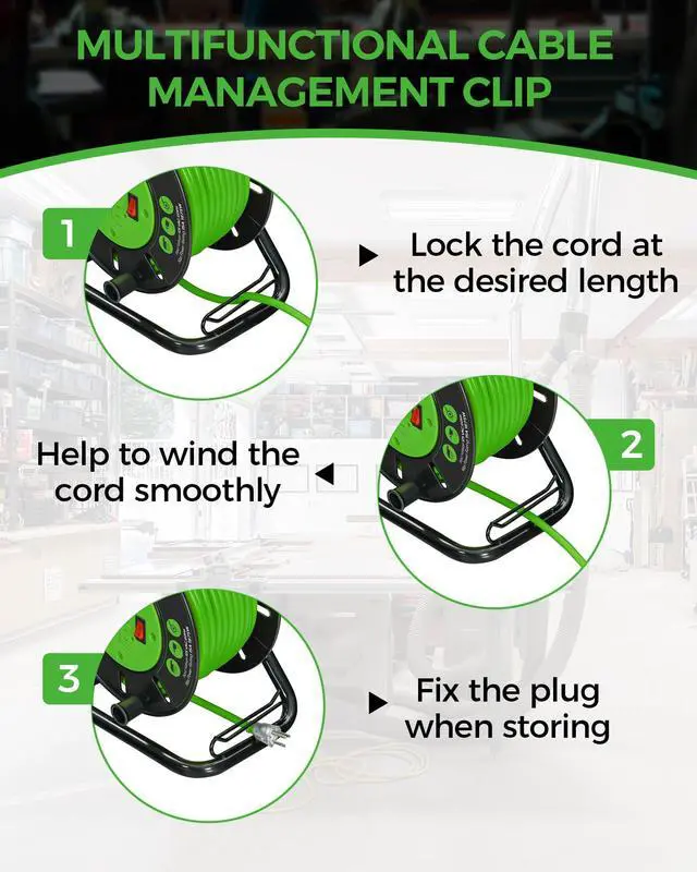 Alt view image 7 of 7 - Extension Cord Storage Reel with 4-Grounded Outlets, 15A Circuit Breaker, Heavy Duty Open Cord Reel for 12/3,14/3,16/3 Gauge Power Cord, Hand Wind Retractable, ETL Listed, Green J95CR06