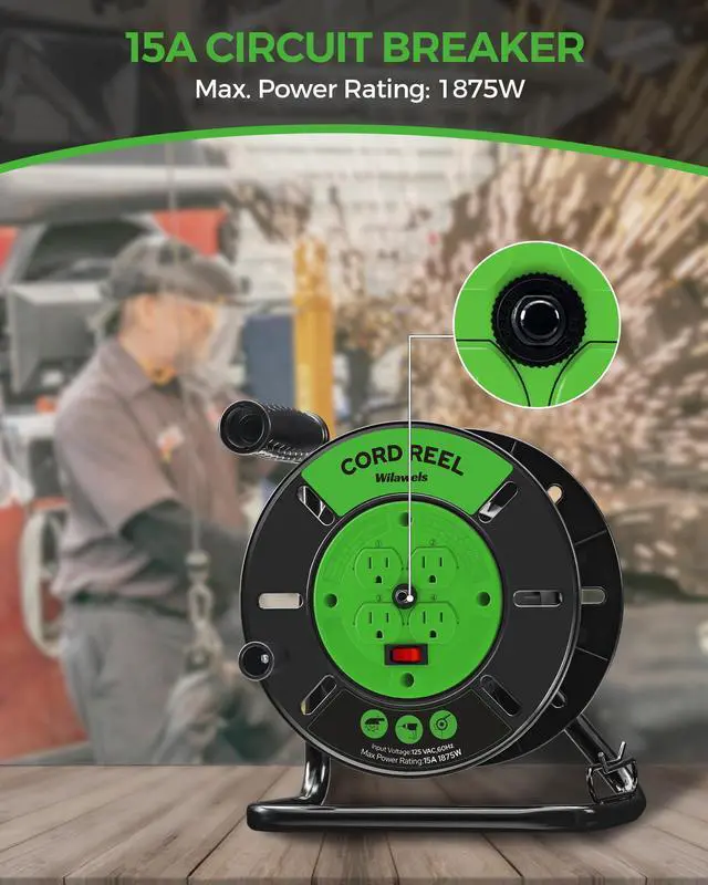 Alt view image 5 of 7 - Extension Cord Storage Reel with 4-Grounded Outlets, 15A Circuit Breaker, Heavy Duty Open Cord Reel for 12/3,14/3,16/3 Gauge Power Cord, Hand Wind Retractable, ETL Listed, Green J95CR06