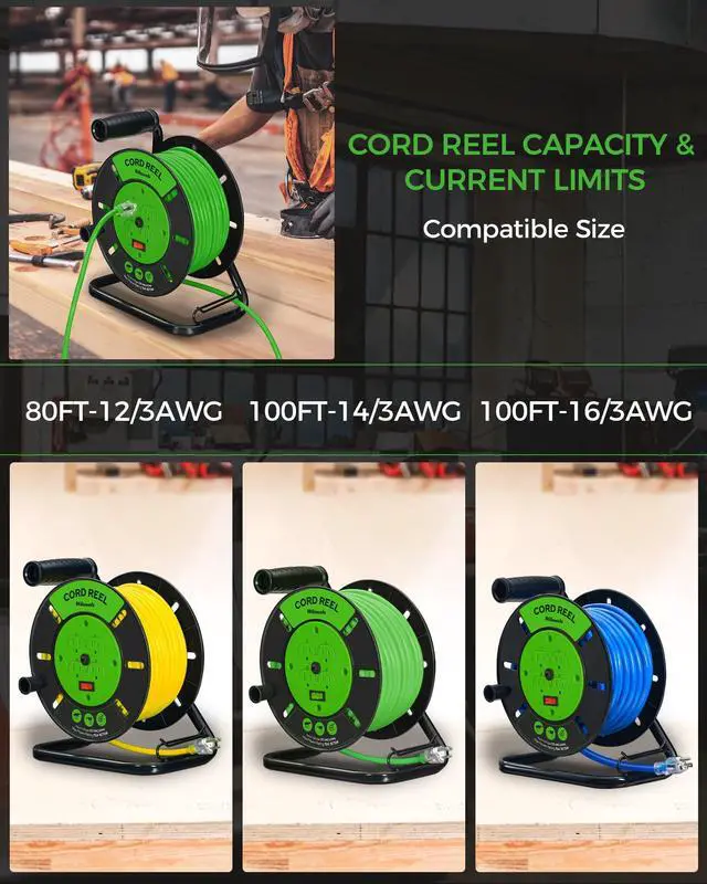 Alt view image 6 of 7 - Extension Cord Storage Reel with 4-Grounded Outlets, 15A Circuit Breaker, Heavy Duty Open Cord Reel for 12/3,14/3,16/3 Gauge Power Cord, Hand Wind Retractable, ETL Listed, Green J95CR06
