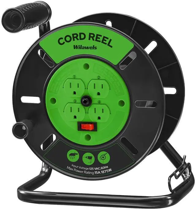 Main image of Extension Cord Storage Reel with 4-Grounded Outlets, 15A Circuit Breaker, Heavy Duty Open Cord Reel for 12/3,14/3,16/3 Gauge Power Cord, Hand Wind Retractable, ETL Listed, Green J95CR06