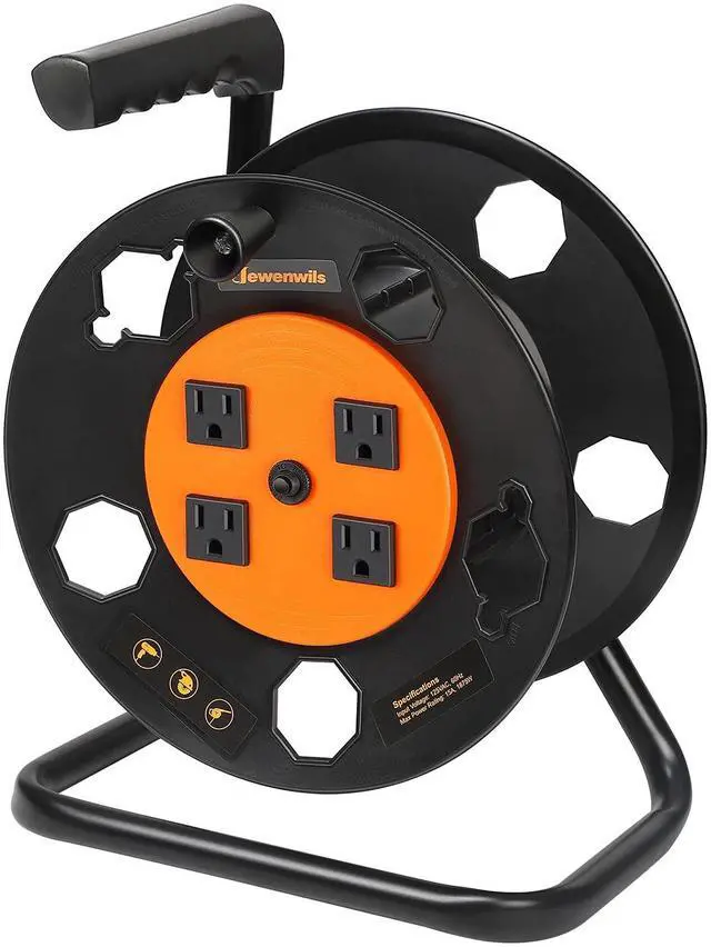 Main image of Extension Cord Storage Reel, Heavy Duty Open Cord Reel with 4-Grounded Outlets, 12/3,14/3,16/3 Gauge Power Cord Reel, Hand Wind Retractable, 15A Circuit Breaker, Orange