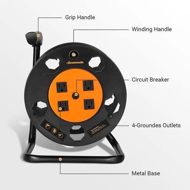 Alt view image 2 of 7 - Extension Cord Storage Reel, Heavy Duty Open Cord Reel with 4-Grounded Outlets, 12/3,14/3,16/3 Gauge Power Cord Reel, Hand Wind Retractable, 15A Circuit Breaker, Orange