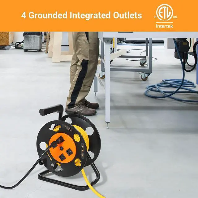 Alt view image 3 of 7 - Extension Cord Storage Reel, Heavy Duty Open Cord Reel with 4-Grounded Outlets, 12/3,14/3,16/3 Gauge Power Cord Reel, Hand Wind Retractable, 15A Circuit Breaker, Orange
