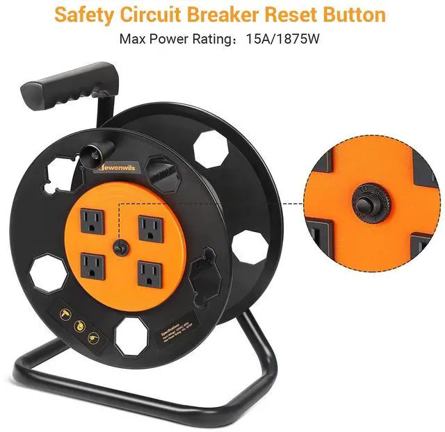 Alt view image 4 of 7 - Extension Cord Storage Reel, Heavy Duty Open Cord Reel with 4-Grounded Outlets, 12/3,14/3,16/3 Gauge Power Cord Reel, Hand Wind Retractable, 15A Circuit Breaker, Orange