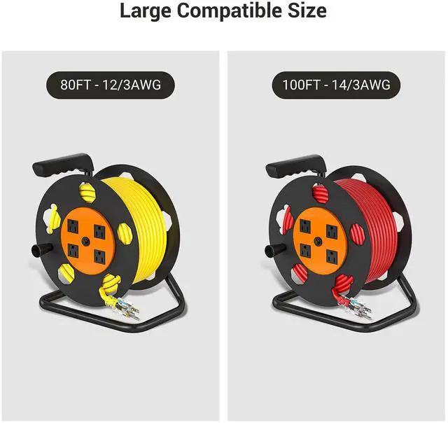 Alt view image 5 of 7 - Extension Cord Storage Reel, Heavy Duty Open Cord Reel with 4-Grounded Outlets, 12/3,14/3,16/3 Gauge Power Cord Reel, Hand Wind Retractable, 15A Circuit Breaker, Orange