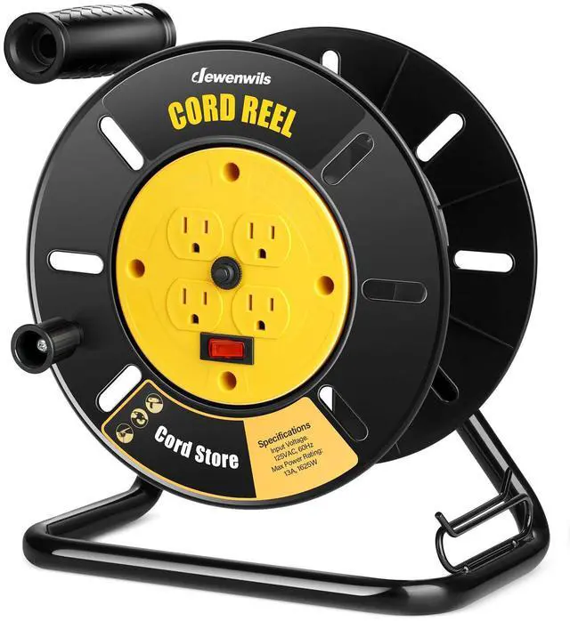 Main image of Extension Cord Storage Reel with 4-Grounded Outlets, Heavy Duty Open Cord Reel for 12/3,14/3,16/3 Gauge Power Cord, Hand Wind Retractable, 13A Circuit Breaker, Yellow, ETL Listed