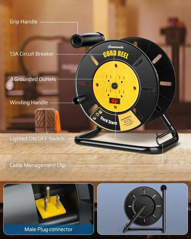 Alt view image 2 of 7 - Extension Cord Storage Reel with 4-Grounded Outlets, Heavy Duty Open Cord Reel for 12/3,14/3,16/3 Gauge Power Cord, Hand Wind Retractable, 13A Circuit Breaker, Yellow, ETL Listed