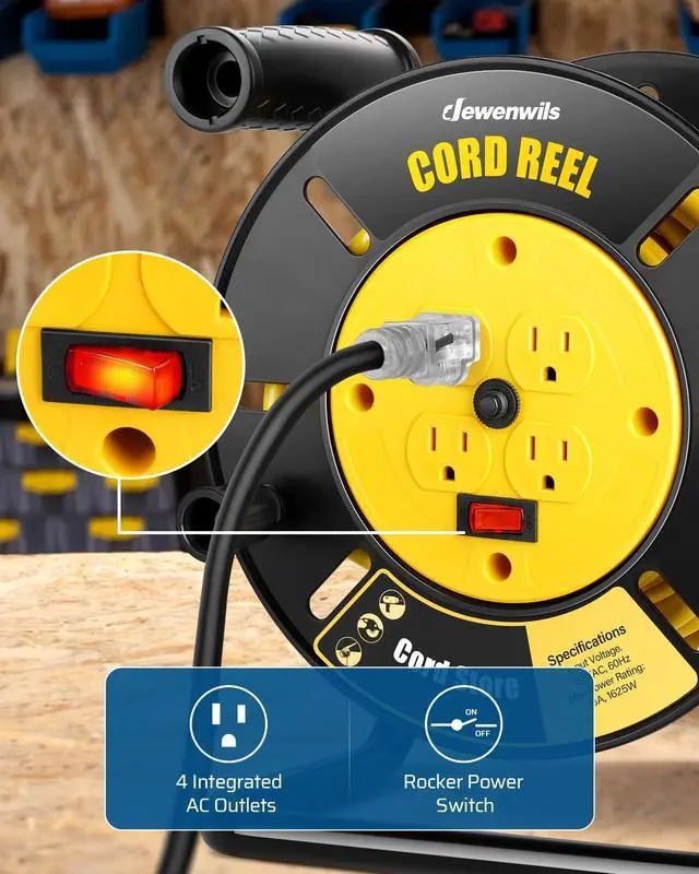 Alt view image 3 of 7 - Extension Cord Storage Reel with 4-Grounded Outlets, Heavy Duty Open Cord Reel for 12/3,14/3,16/3 Gauge Power Cord, Hand Wind Retractable, 13A Circuit Breaker, Yellow, ETL Listed