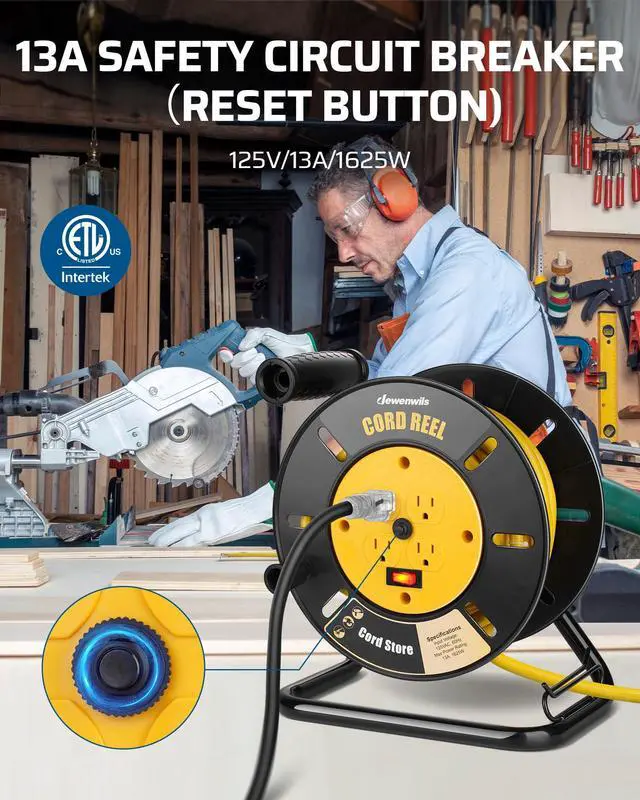 Alt view image 4 of 7 - Extension Cord Storage Reel with 4-Grounded Outlets, Heavy Duty Open Cord Reel for 12/3,14/3,16/3 Gauge Power Cord, Hand Wind Retractable, 13A Circuit Breaker, Yellow, ETL Listed