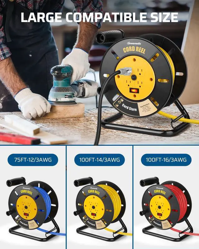 Alt view image 5 of 7 - Extension Cord Storage Reel with 4-Grounded Outlets, Heavy Duty Open Cord Reel for 12/3,14/3,16/3 Gauge Power Cord, Hand Wind Retractable, 13A Circuit Breaker, Yellow, ETL Listed