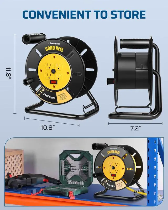 Alt view image 6 of 7 - Extension Cord Storage Reel with 4-Grounded Outlets, Heavy Duty Open Cord Reel for 12/3,14/3,16/3 Gauge Power Cord, Hand Wind Retractable, 13A Circuit Breaker, Yellow, ETL Listed
