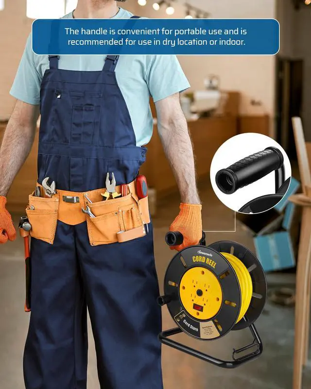 Alt view image 7 of 7 - Extension Cord Storage Reel with 4-Grounded Outlets, Heavy Duty Open Cord Reel for 12/3,14/3,16/3 Gauge Power Cord, Hand Wind Retractable, 13A Circuit Breaker, Yellow, ETL Listed