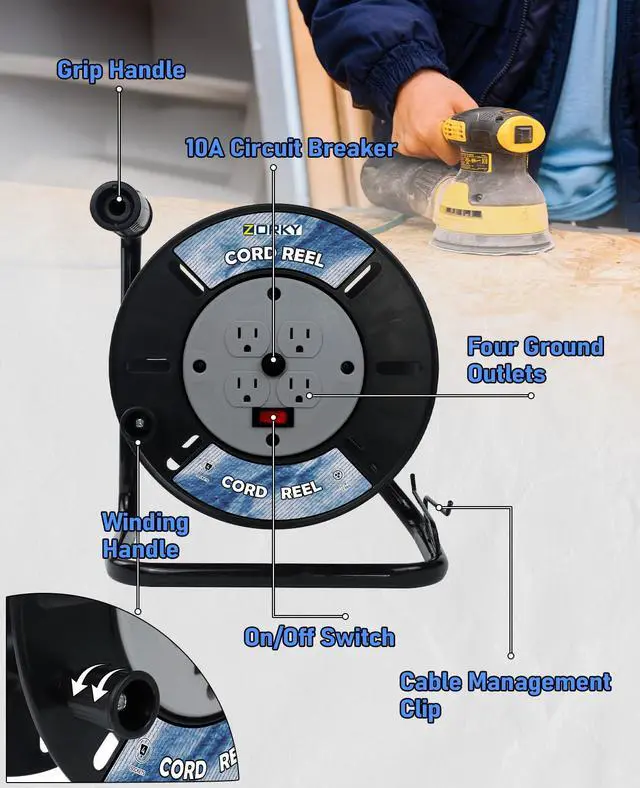 Alt view image 2 of 7 - Extension Cord Storage Reel, Retractable Heavy Duty Open Cord Reel for 12/3,14/3,16/3 Gauge Extension Cord, Portable Empty Hand Wind Power Cord Roller Holder with 4-Grounded Outlets