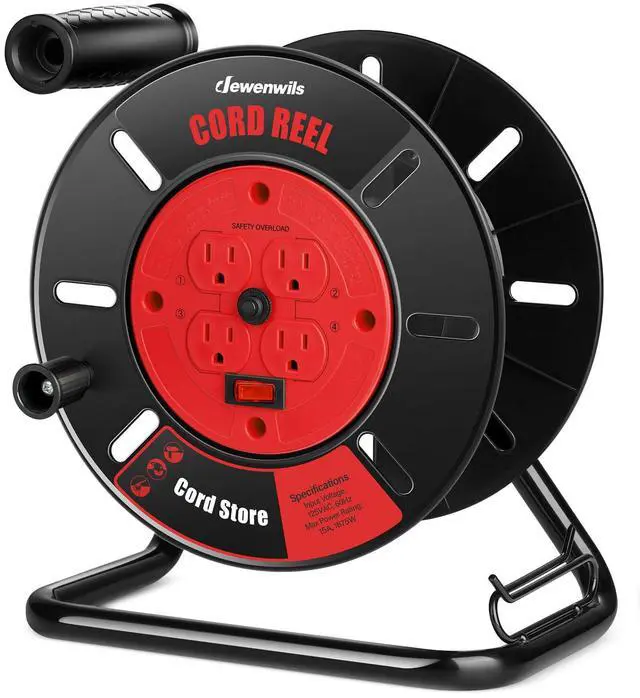 Main image of Extension Cord Storage Reel with 4-Grounded Outlets, Heavy Duty Open Cord Reel for 12/3,14/3,16/3 Gauge Power Cord, Hand Wind Retractable, 15A Circuit Breaker, Rocker Power Switch
