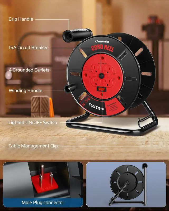 Alt view image 2 of 7 - Extension Cord Storage Reel with 4-Grounded Outlets, Heavy Duty Open Cord Reel for 12/3,14/3,16/3 Gauge Power Cord, Hand Wind Retractable, 15A Circuit Breaker, Rocker Power Switch