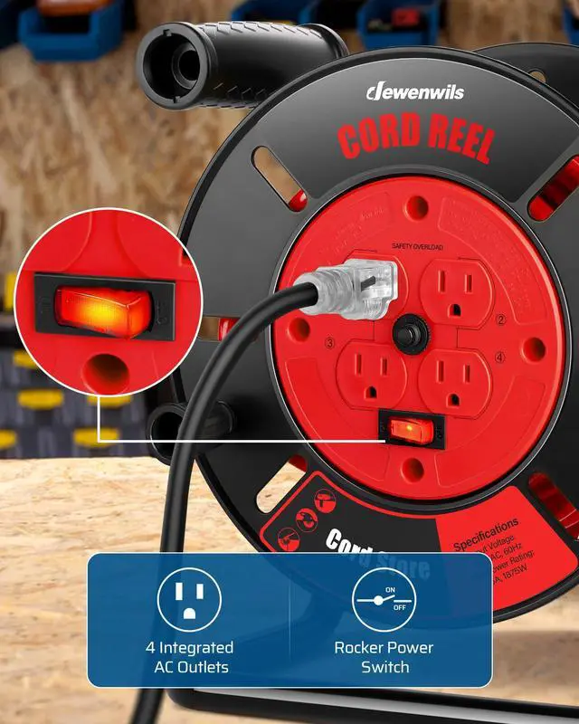 Alt view image 3 of 7 - Extension Cord Storage Reel with 4-Grounded Outlets, Heavy Duty Open Cord Reel for 12/3,14/3,16/3 Gauge Power Cord, Hand Wind Retractable, 15A Circuit Breaker, Rocker Power Switch