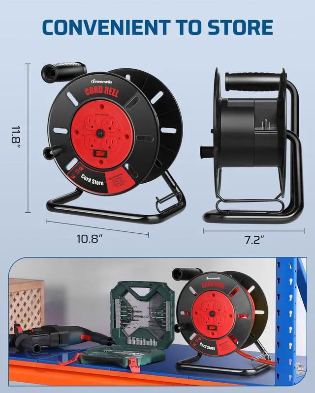 Alt view image 6 of 7 - Extension Cord Storage Reel with 4-Grounded Outlets, Heavy Duty Open Cord Reel for 12/3,14/3,16/3 Gauge Power Cord, Hand Wind Retractable, 15A Circuit Breaker, Rocker Power Switch