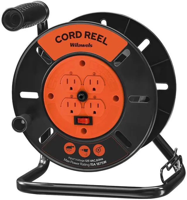 Main image of Extension Cord Storage Reel with 4-Grounded Outlets, Heavy Duty Open Cord Reel for 12/3,14/3,16/3 Gauge Power Cord, Hand Wind Retractable, 15A Circuit Breaker, ETL Listed, Orange G95CR06