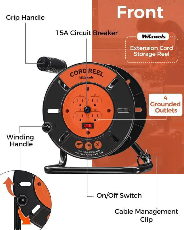 Alt view image 2 of 7 - Extension Cord Storage Reel with 4-Grounded Outlets, Heavy Duty Open Cord Reel for 12/3,14/3,16/3 Gauge Power Cord, Hand Wind Retractable, 15A Circuit Breaker, ETL Listed, Orange G95CR06