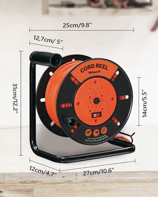 Alt view image 3 of 7 - Extension Cord Storage Reel with 4-Grounded Outlets, Heavy Duty Open Cord Reel for 12/3,14/3,16/3 Gauge Power Cord, Hand Wind Retractable, 15A Circuit Breaker, ETL Listed, Orange G95CR06