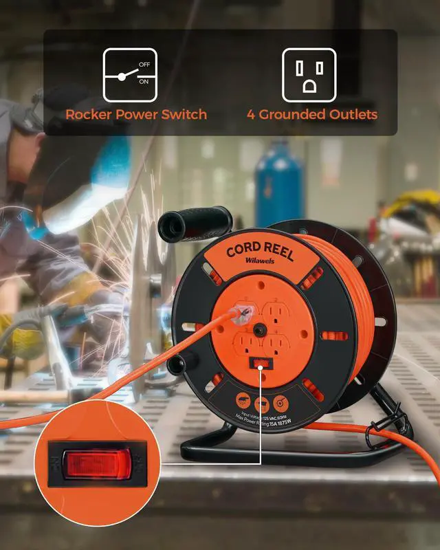 Alt view image 4 of 7 - Extension Cord Storage Reel with 4-Grounded Outlets, Heavy Duty Open Cord Reel for 12/3,14/3,16/3 Gauge Power Cord, Hand Wind Retractable, 15A Circuit Breaker, ETL Listed, Orange G95CR06