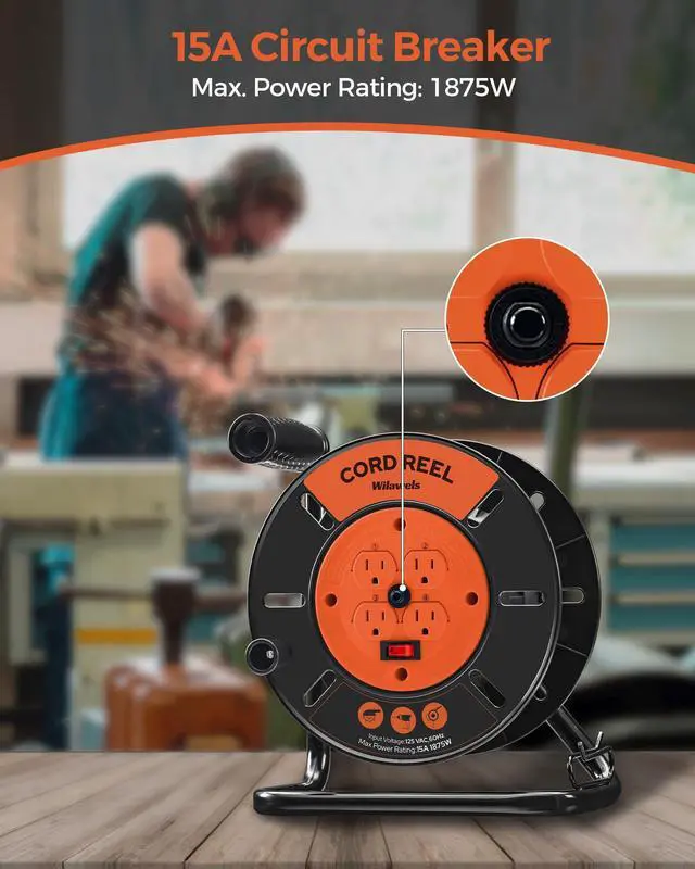 Alt view image 5 of 7 - Extension Cord Storage Reel with 4-Grounded Outlets, Heavy Duty Open Cord Reel for 12/3,14/3,16/3 Gauge Power Cord, Hand Wind Retractable, 15A Circuit Breaker, ETL Listed, Orange G95CR06