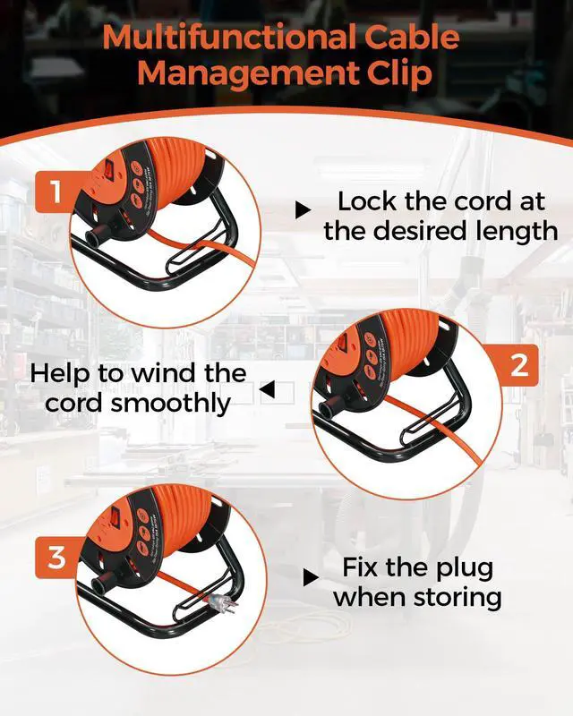 Alt view image 7 of 7 - Extension Cord Storage Reel with 4-Grounded Outlets, Heavy Duty Open Cord Reel for 12/3,14/3,16/3 Gauge Power Cord, Hand Wind Retractable, 15A Circuit Breaker, ETL Listed, Orange G95CR06