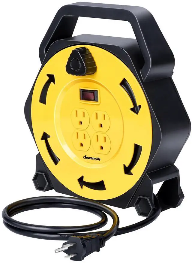 Main image of Extension Cord Reel with 25 FT Power Cord, Hand Wind Retractable, 16/3 AWG SJTW, 4 Grounded Outlets, 13 Amp Circuit Breaker, Yellow, Black, UL Listed