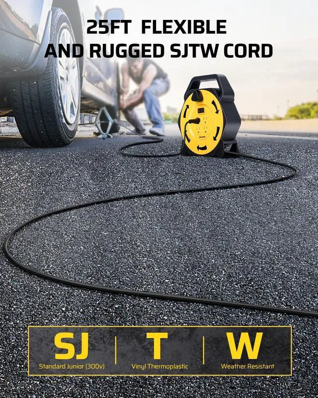Alt view image 3 of 7 - Extension Cord Reel with 25 FT Power Cord, Hand Wind Retractable, 16/3 AWG SJTW, 4 Grounded Outlets, 13 Amp Circuit Breaker, Yellow, Black, UL Listed