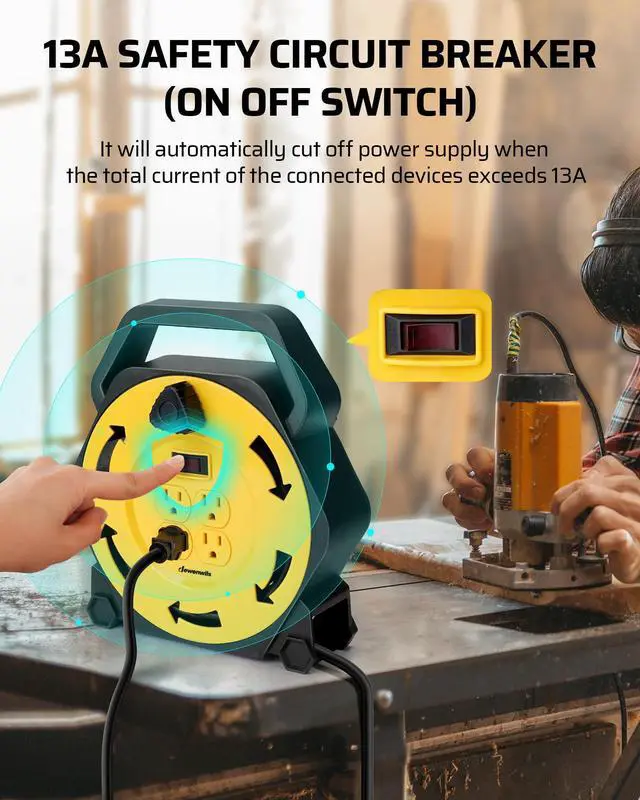 Alt view image 7 of 7 - Extension Cord Reel with 25 FT Power Cord, Hand Wind Retractable, 16/3 AWG SJTW, 4 Grounded Outlets, 13 Amp Circuit Breaker, Yellow, Black, UL Listed