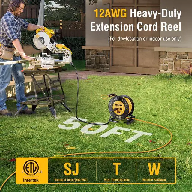 Alt view image 2 of 7 - 50 FT Retractable Extension Cord Reel, 12AWG Heavy Duty Power Cord with Handle Rewind, 4 Grounded Outlets, USB-A & USB-C Ports, 15A Circuit Breaker, ETL Listed for Garage, Workshop, Jobsite